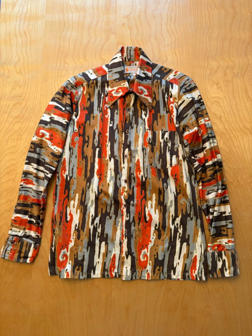 Vintage Men's Patterned Button-Up Shirt - Orange, Brown & Gray (Made in Canada)
